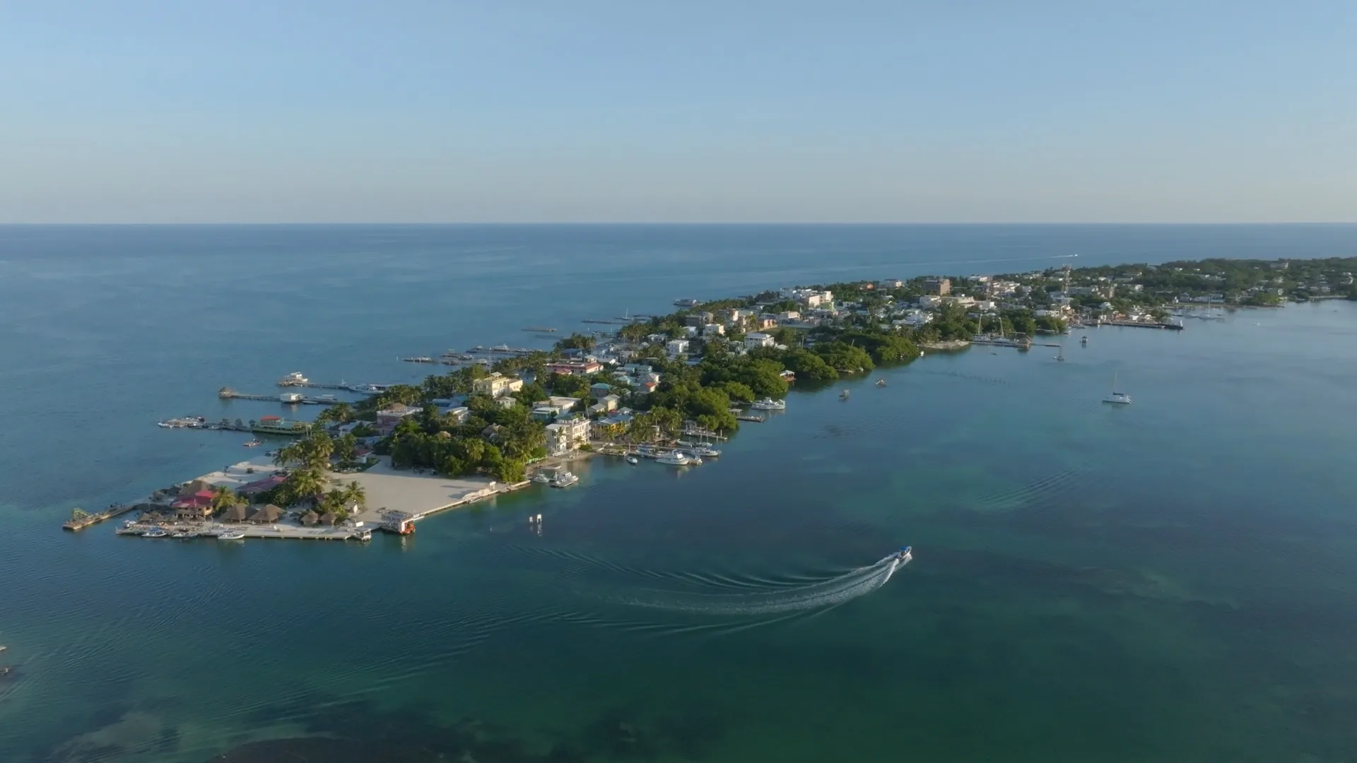 Aerial view of Caye Caulker village and docks, Belize